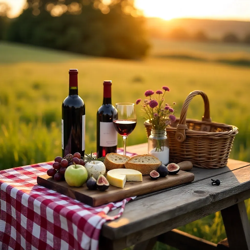 Serene Sunset Picnic on a Rustic Table