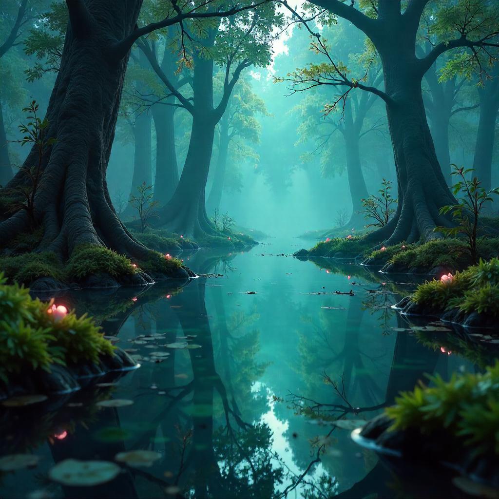 Mirror-Dimension Swamp: A 3D Render