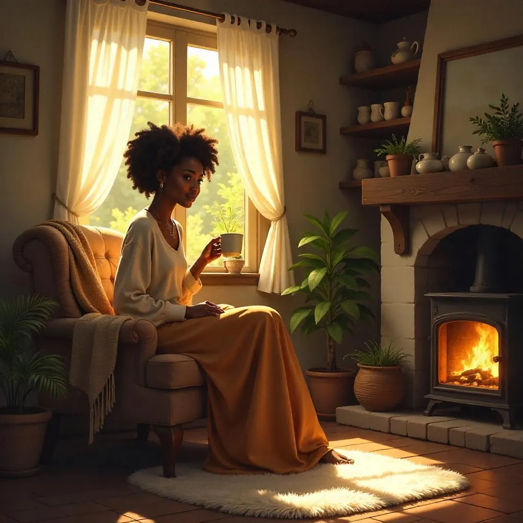 Cottage Morning: Black Woman in Soft Digital Light