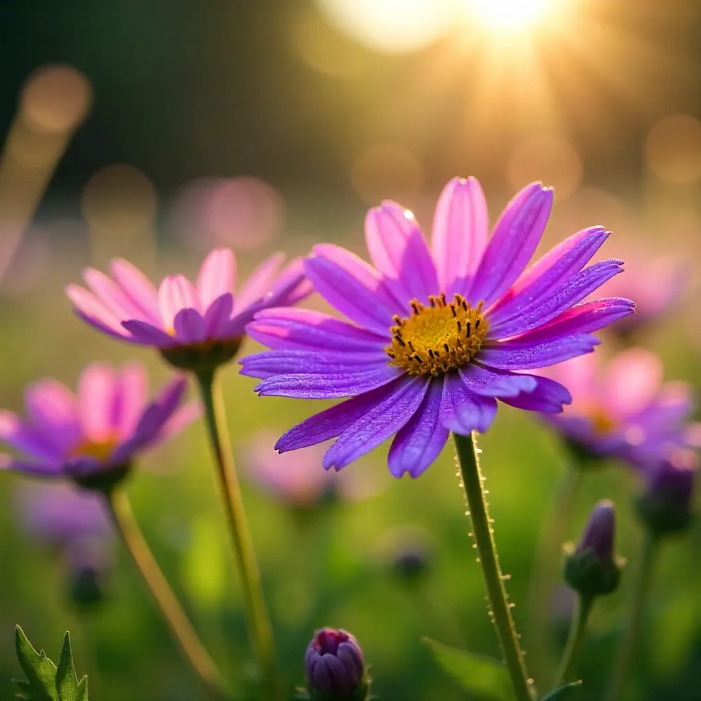 Vivid Purple Asters in a Sunlit Meadow