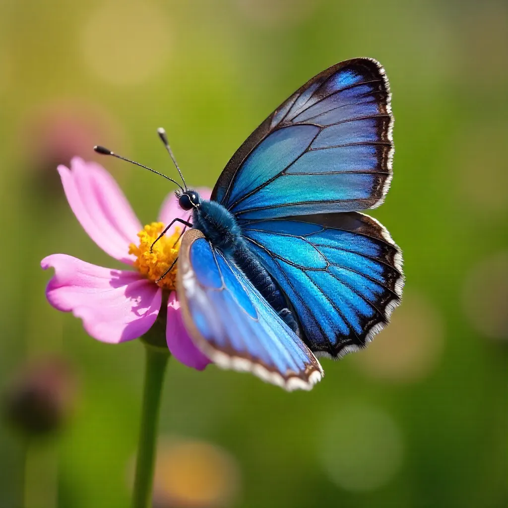 Close-Up: Blue Butterfly on Pink Wildflower