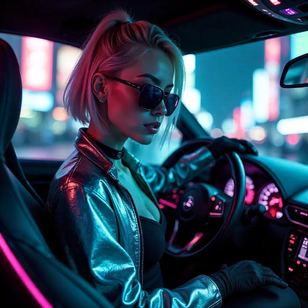 Cyberpunk Chic: White Girl in a Neon Car