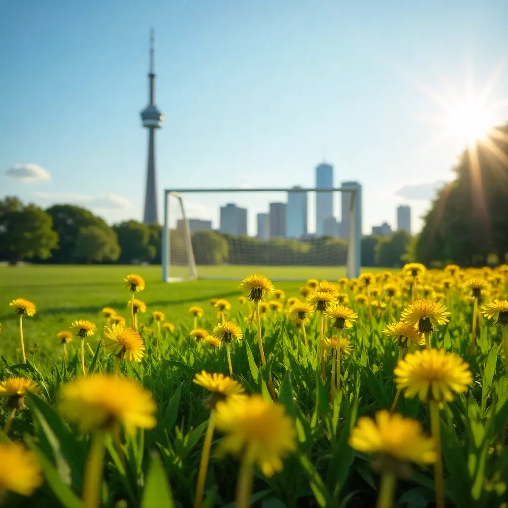 Dandelion Field with Toronto Skyline and a Soccer Goal