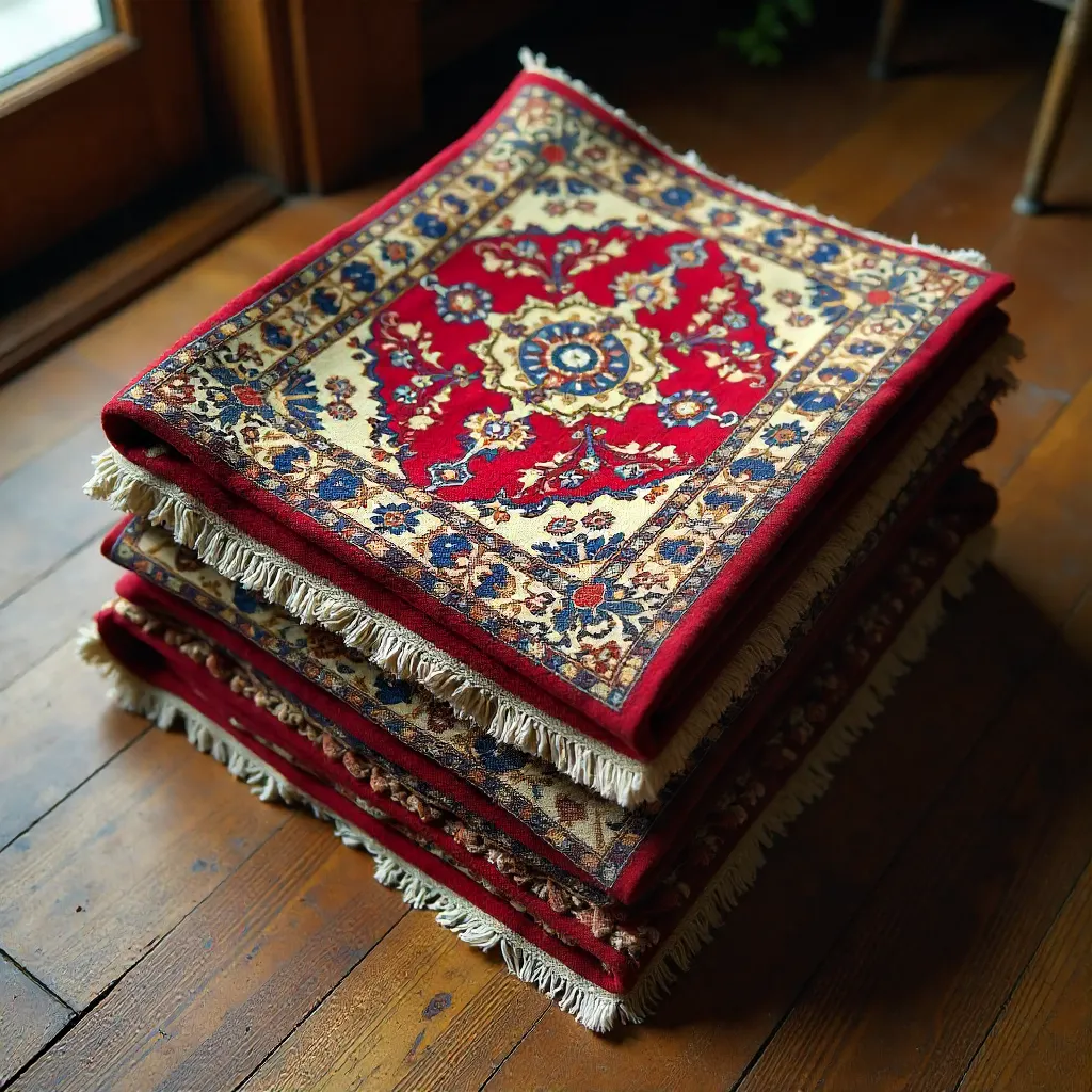 Stack of Colorful Persian Rugs with Intricate Textures