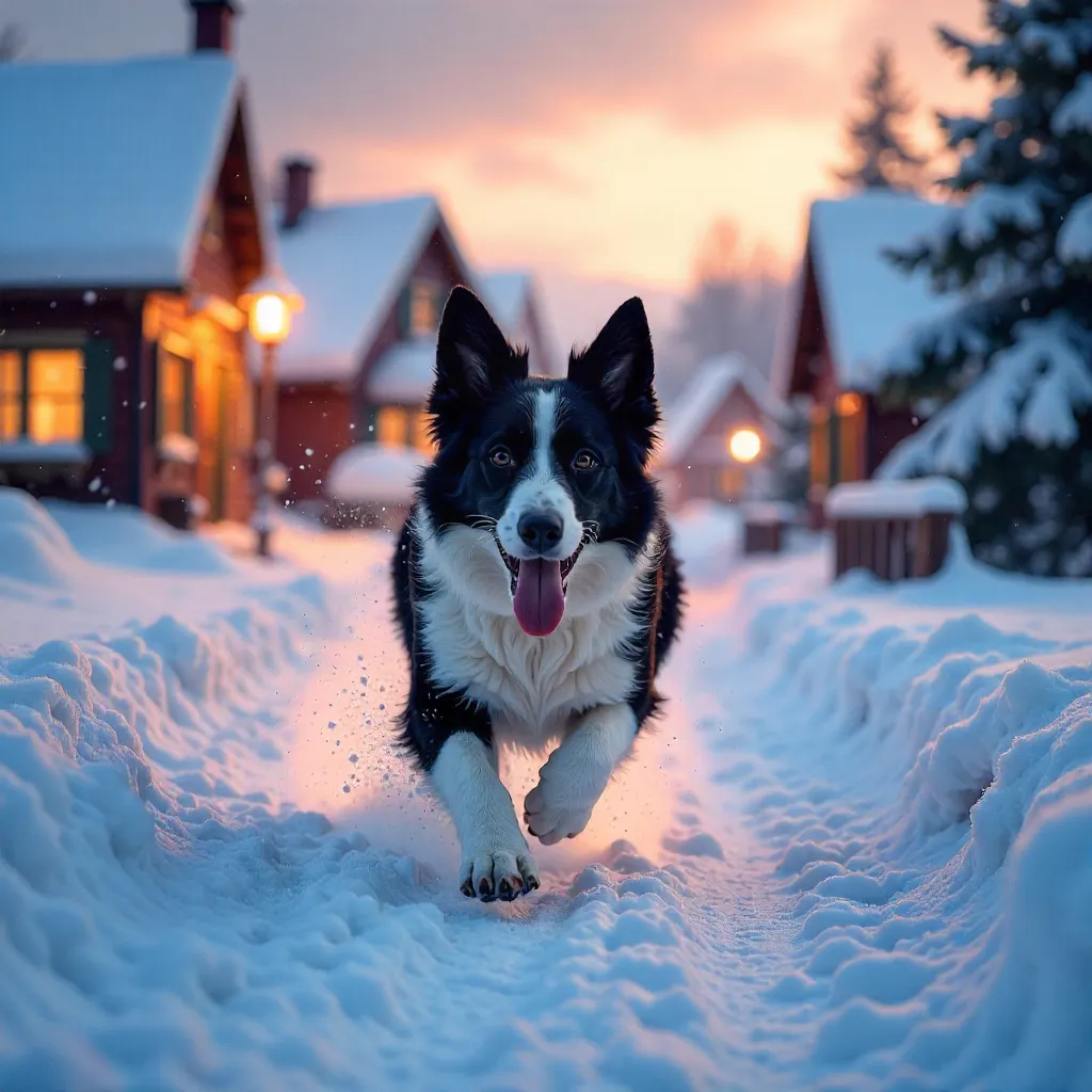 Energetic Dog Racing Through a Snowy Village Path