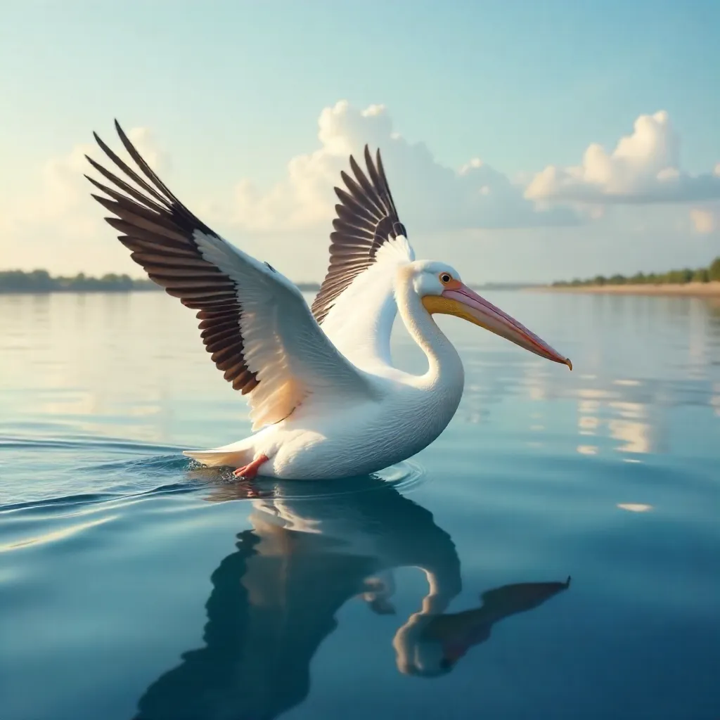 Serene White Pelican Gliding Over Calm Blue Waters