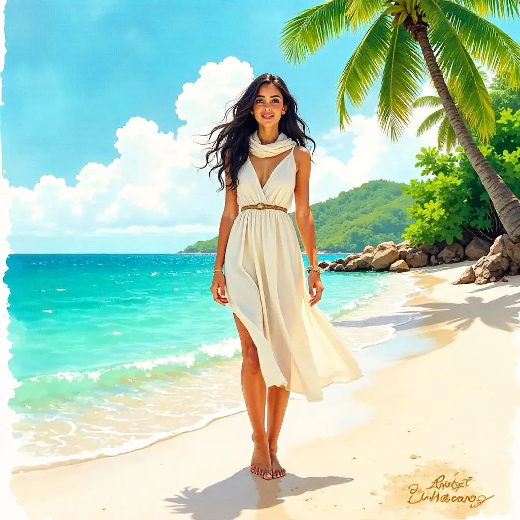 Young Middle Eastern Woman in a Watercolor Tropical Paradise