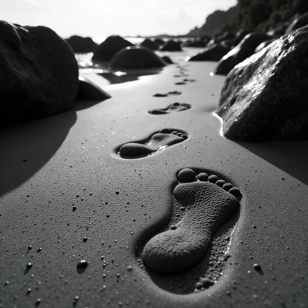 Monochrome Footprints on a Rocky Beach Macro Shot