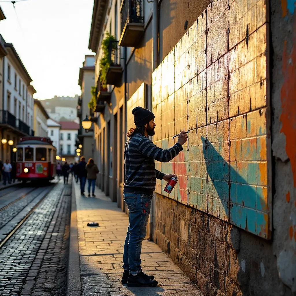 Porto Street Artist Crafting Murals on Busy Baixa