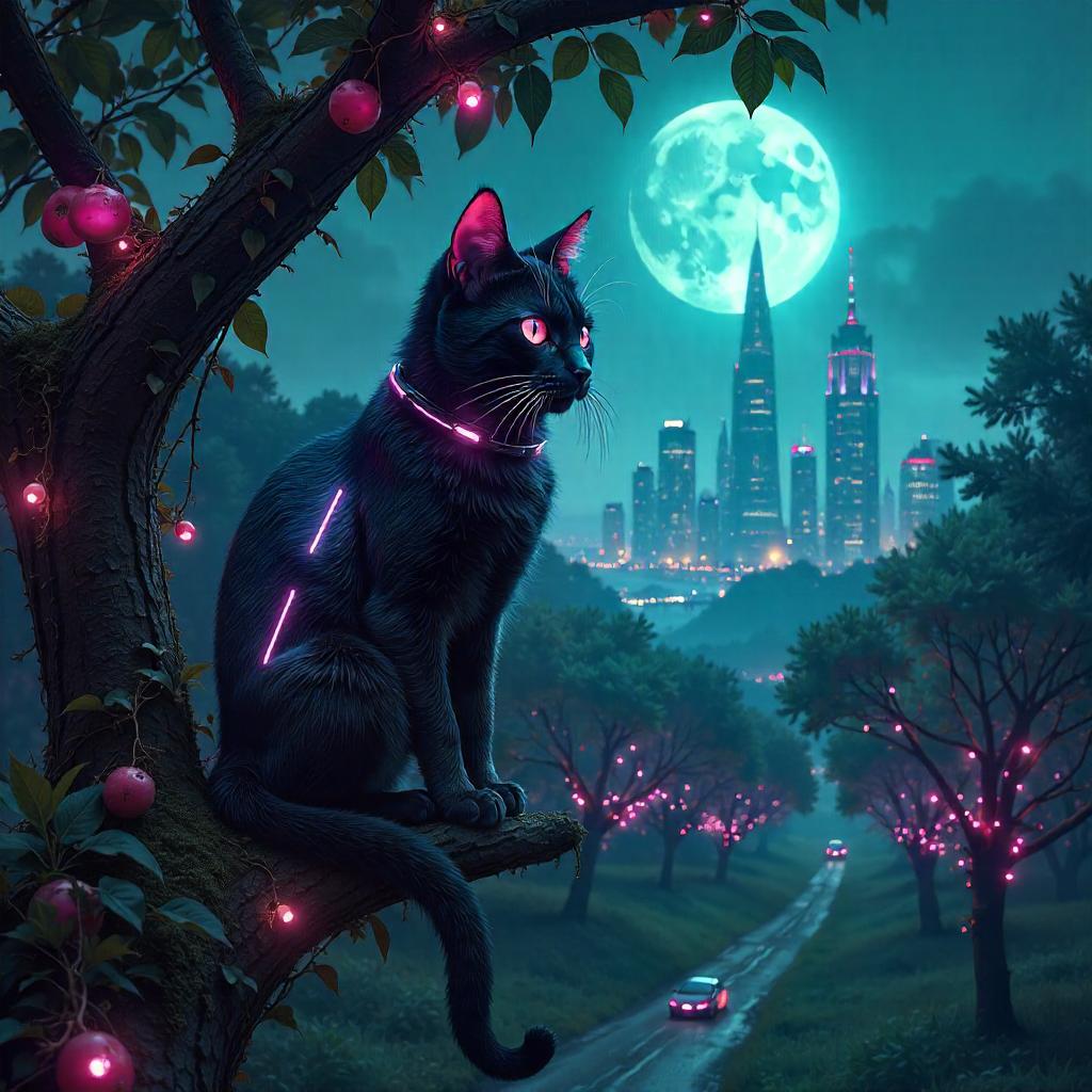 Neon Orchard Cat: A Cyberpunk Feline