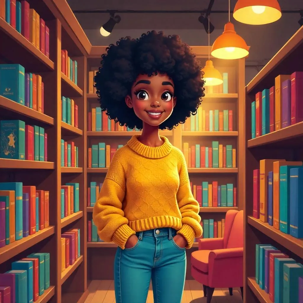 Young Black Woman Browsing Books in a Cozy Cartoon Bookstore