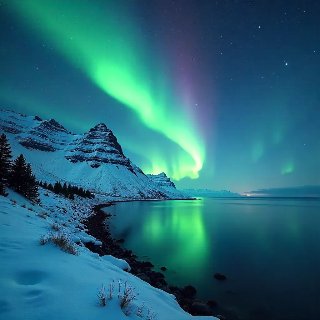 Aurora over Snowy Mountain by the Sea at Night