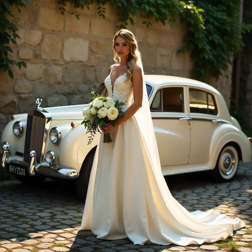 Bridal Elegance by a Vintage Car in Rustic Stone Setting