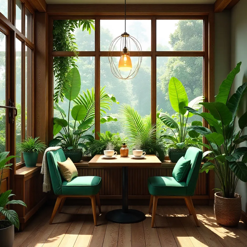Cozy Indoor Cafe Overlooking a Lush Greenhouse