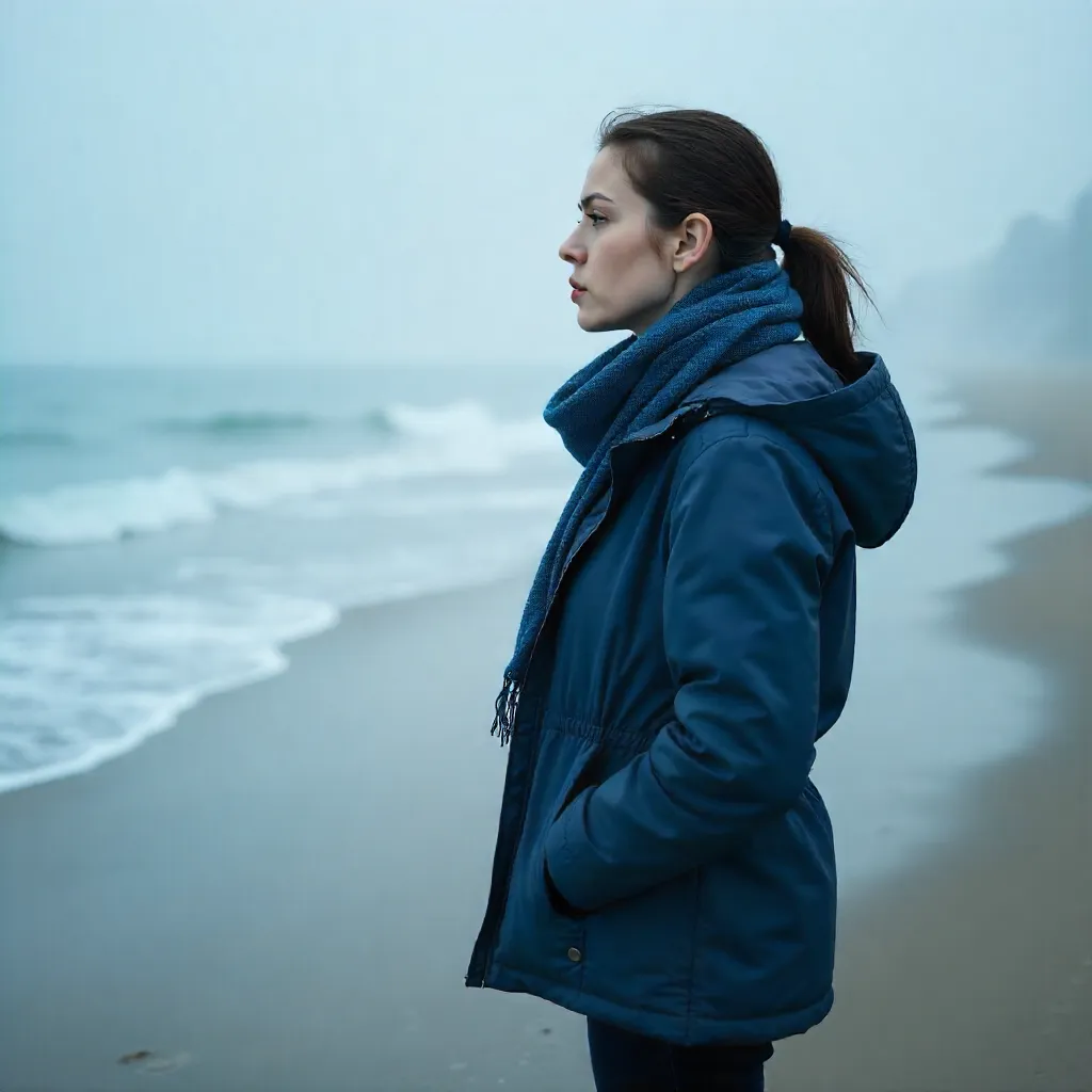 Side View of a Woman in Blue at a Misty Beach