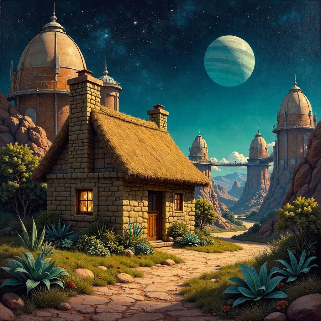 Cottage in a Space Colony: Oil Painting