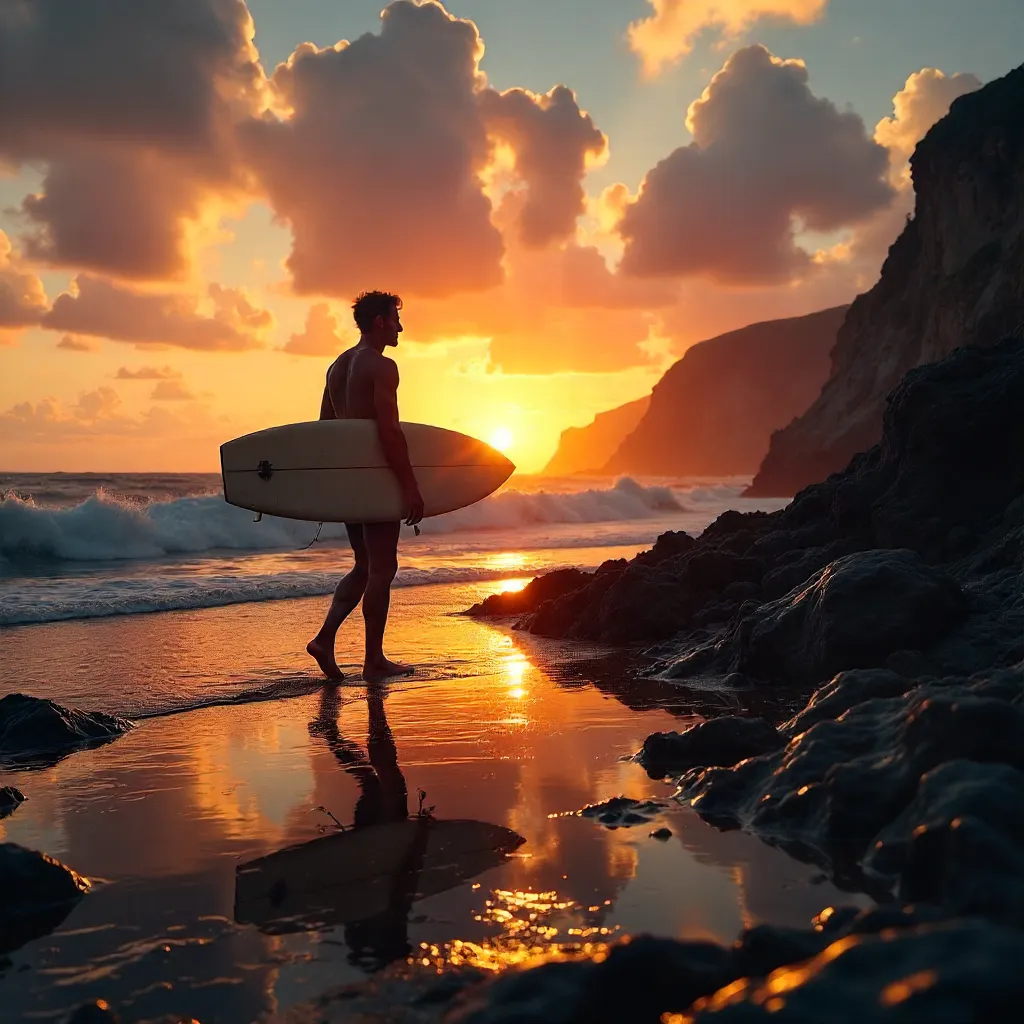 Sunset Silhouette: Surfer on a Rocky Portuguese Coast
