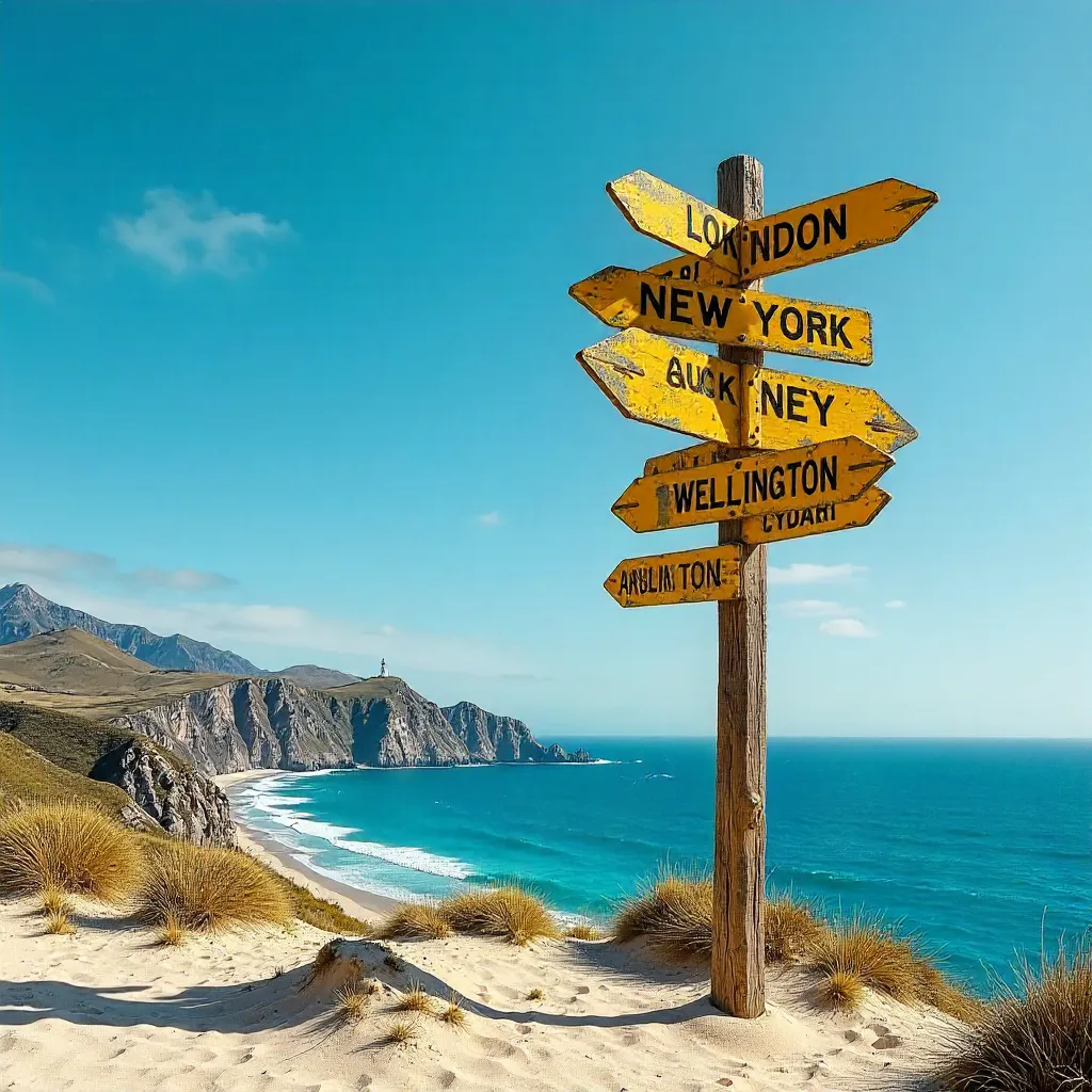 Yellow Signpost with City Distances at Cape Reinga