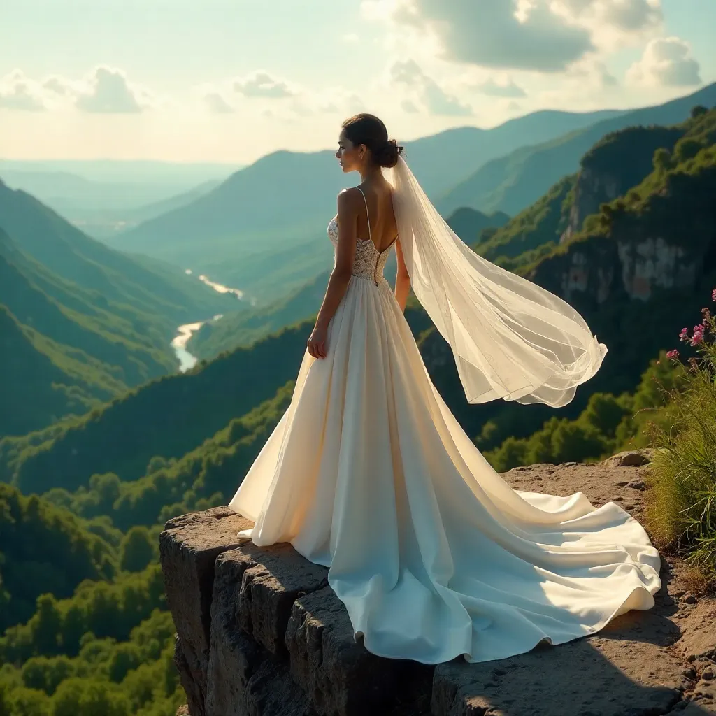 Bride in White on Windswept Cliff