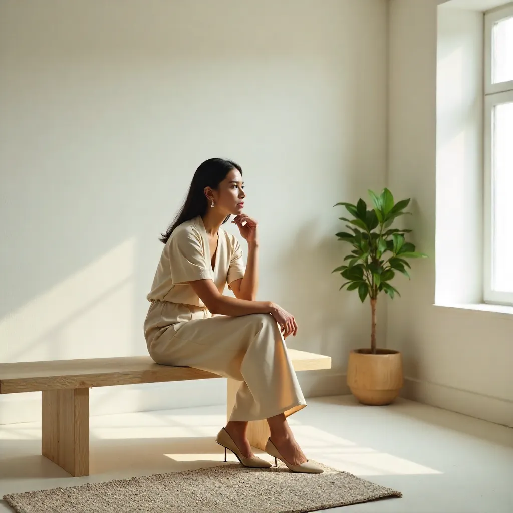 Thoughtful Woman on a Minimalist Bench in a Bright Room