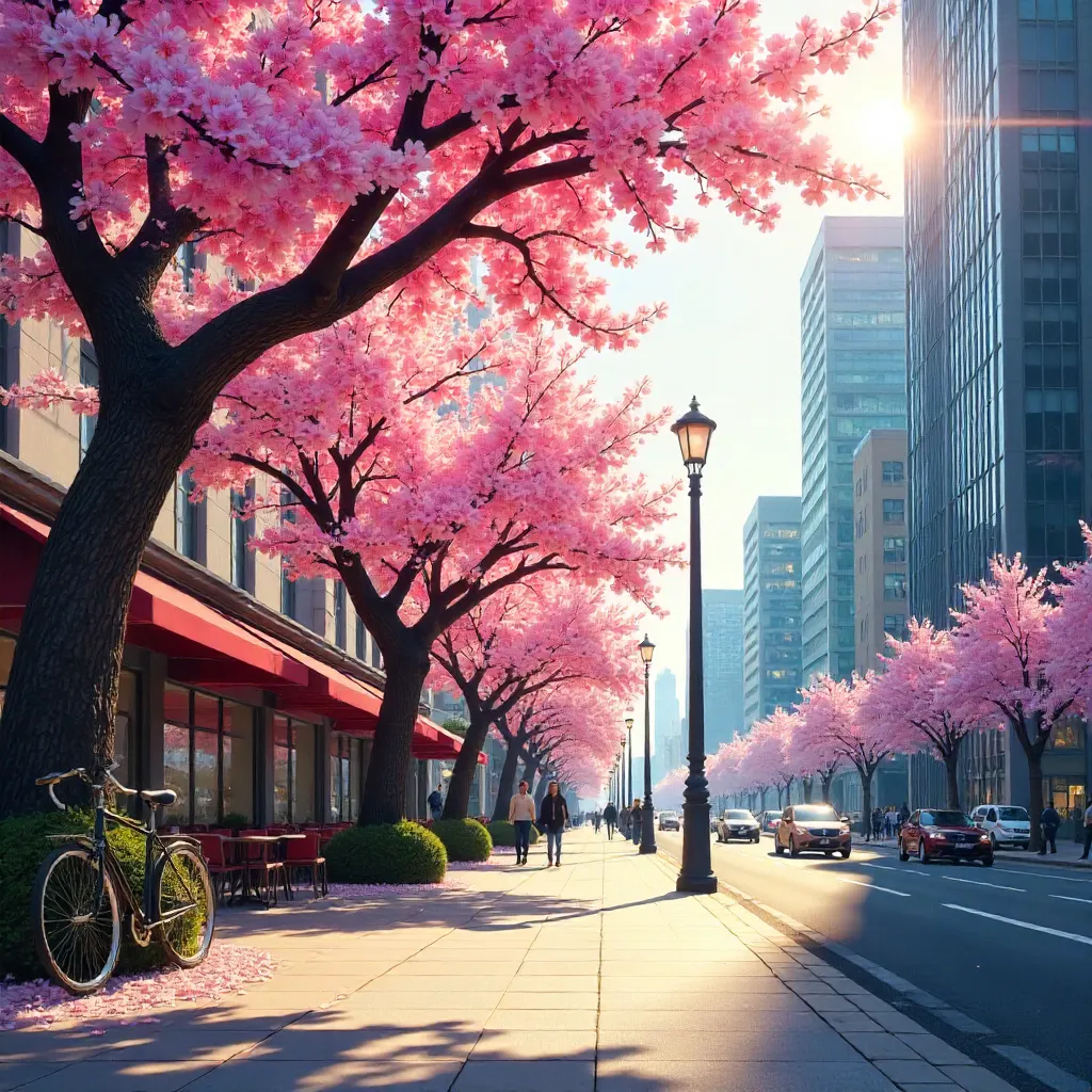 Vivid Cherry Blossoms in an Urban Spring Scene