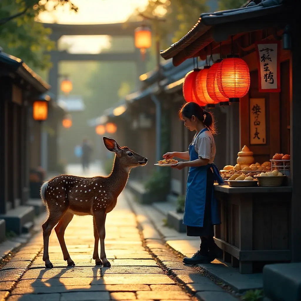Deer and Snack Vendor in Nara at Sunset