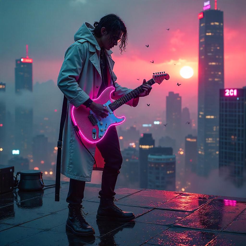 Sunrise Neon Strings on a Cyberpunk Rooftop