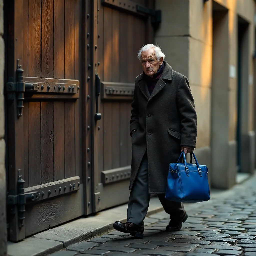 Elderly Man in Coat beside a Large Wooden Door