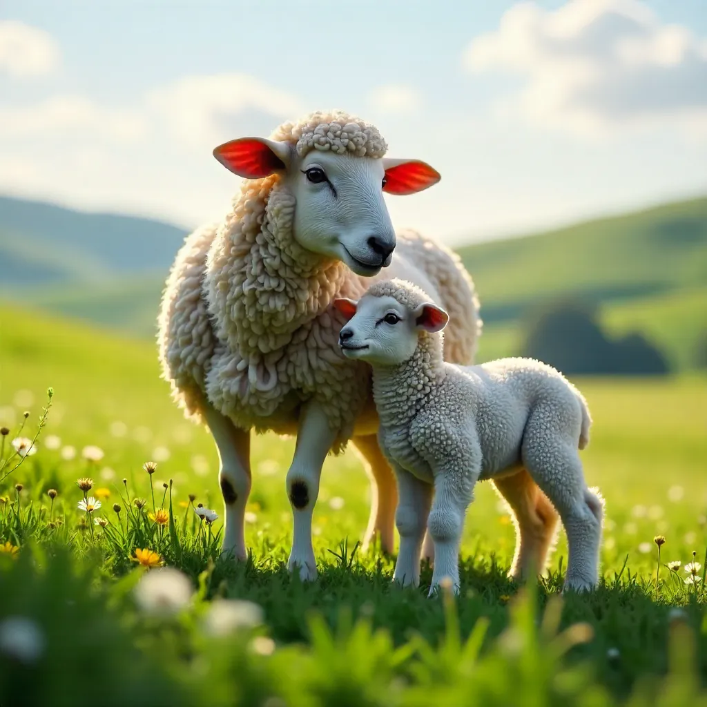 Nurturing Mother Sheep and Lamb in a Lush Meadow