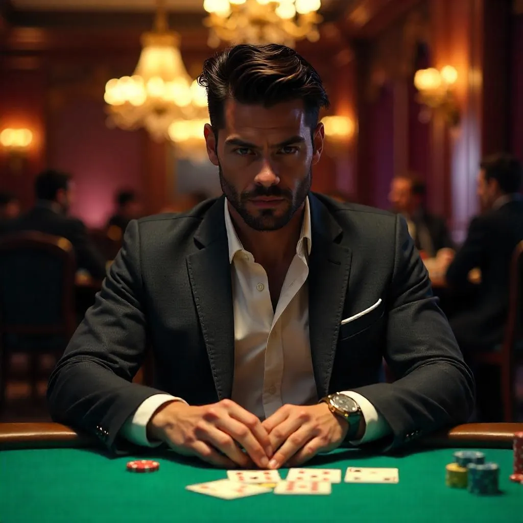 Young Latino man in a photorealistic poker room
