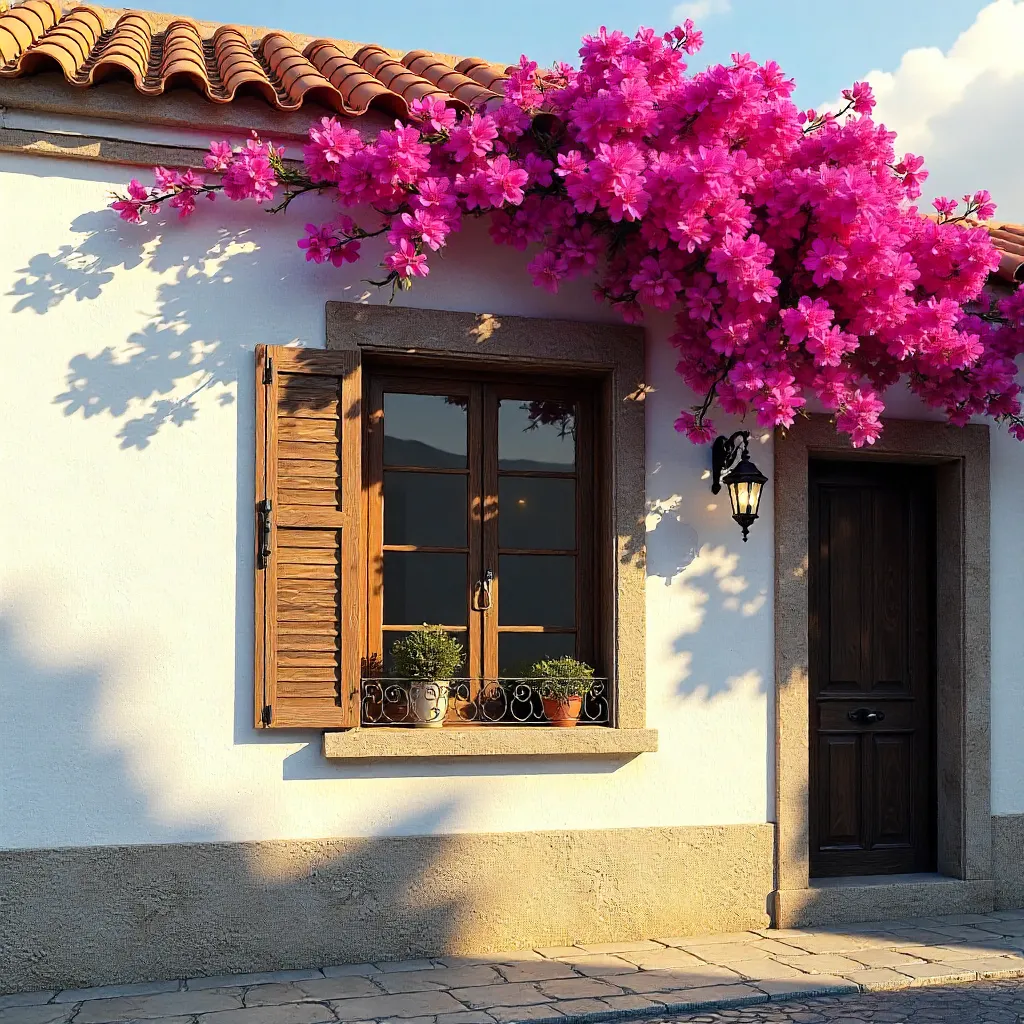 Málaga White Facade with Pink Bougainvillea