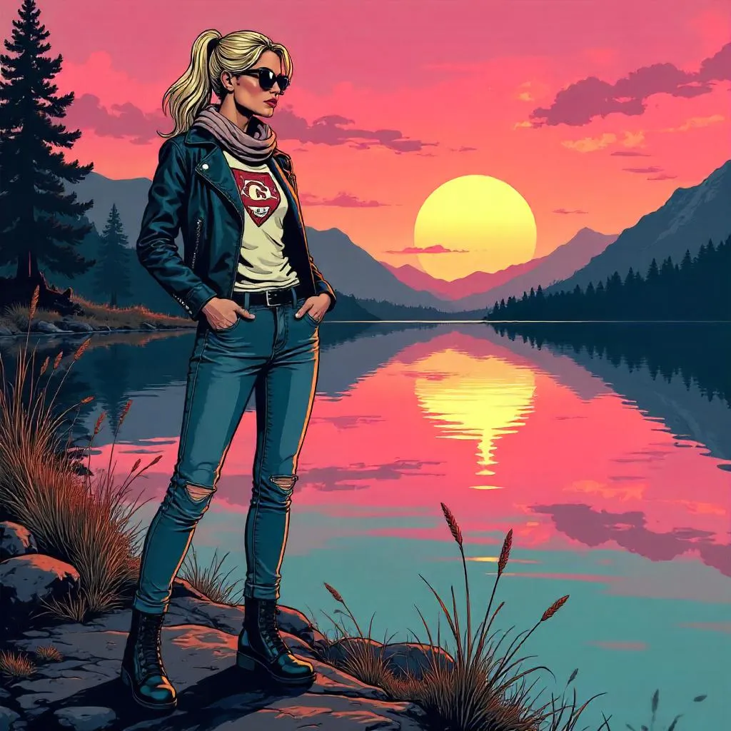 Stylish White Woman by a Lake in Comic Book Style