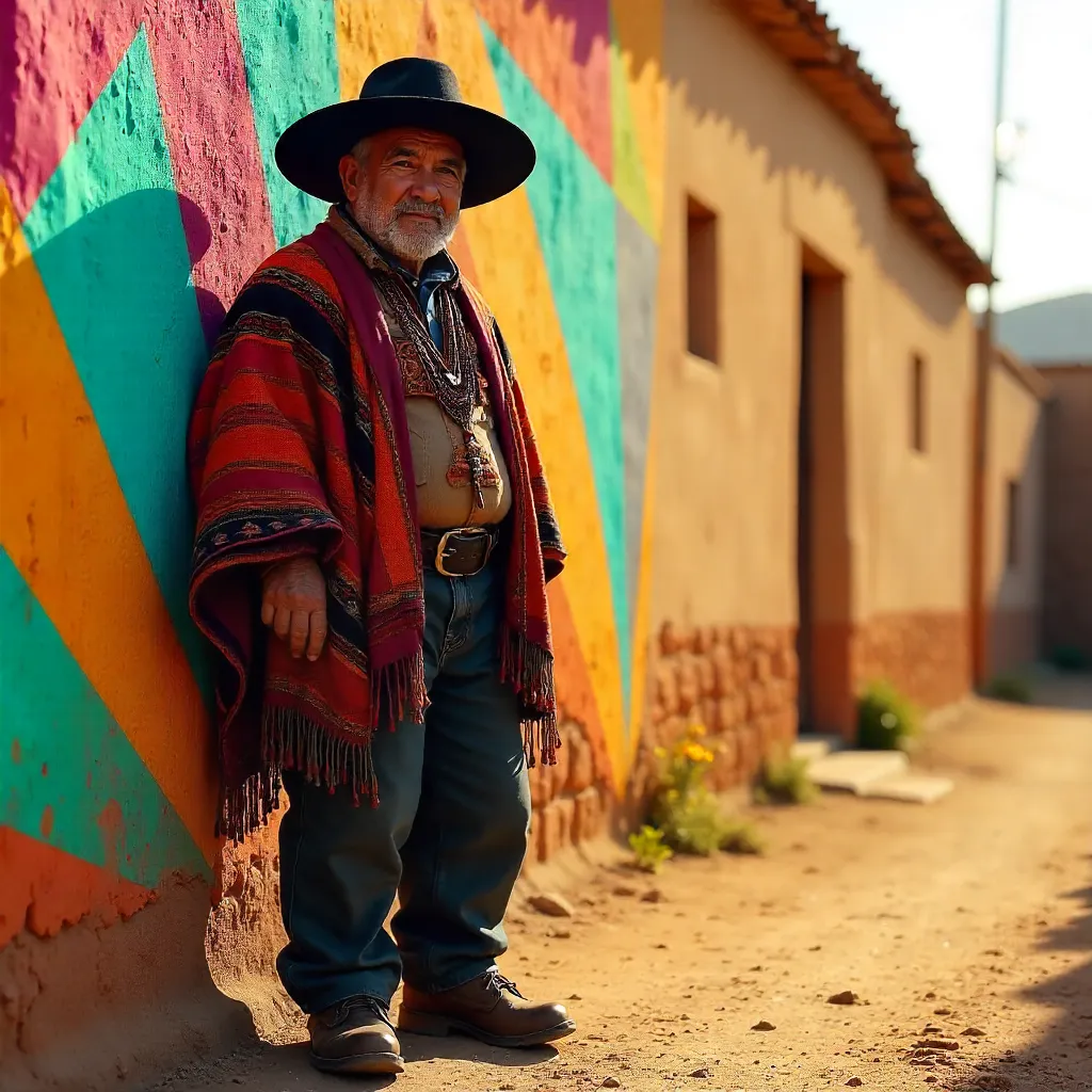 Elderly Peruvian in Traditional Attire by a Colorful Wall