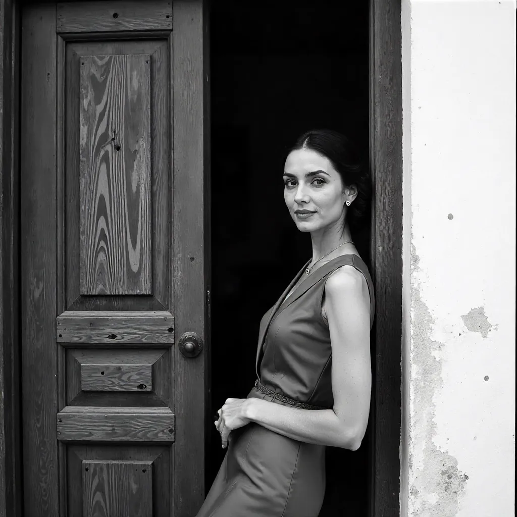 Elegant Black and White Portrait by a Door in Rabat