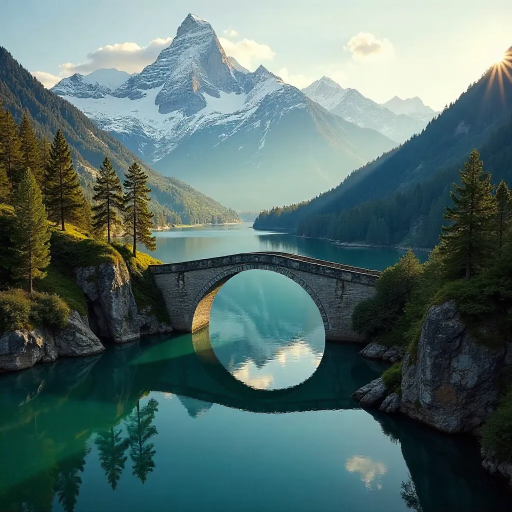 Aerial Bavarian Alpine Bridge Over Serene Lake