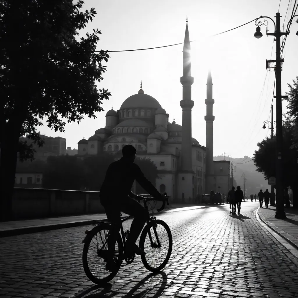 Silhouette of a Cyclist by Bursa's Historic Mosque