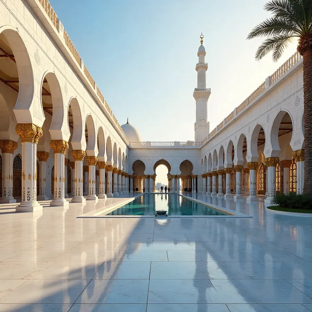 Dubai Mosque Courtyard: Light, Tile, and Palm