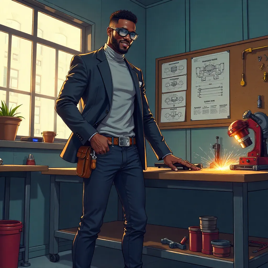 Stylish Black Man in an Anime Workshop
