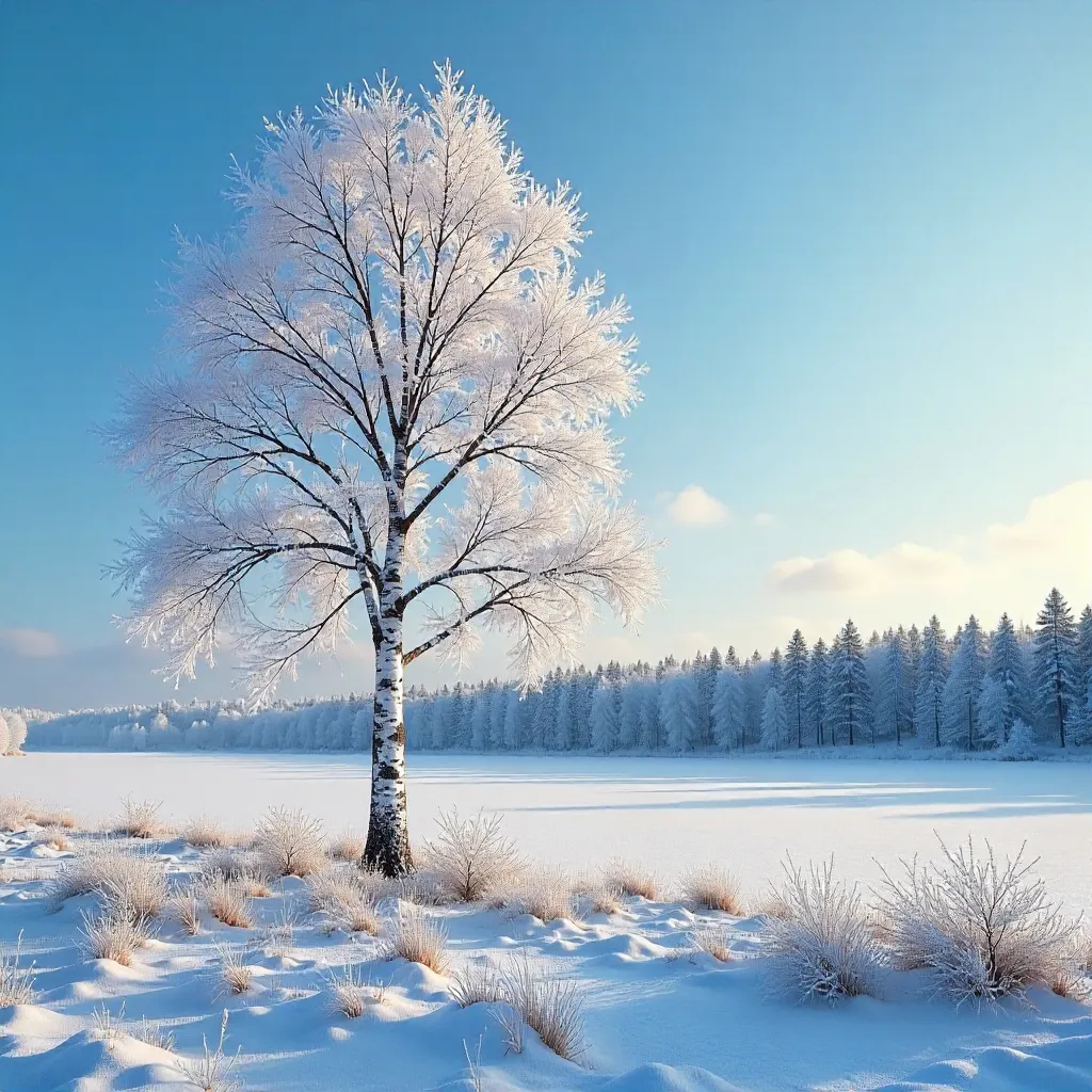 Frost-Kissed Birch Under a Blue Nordic Sky