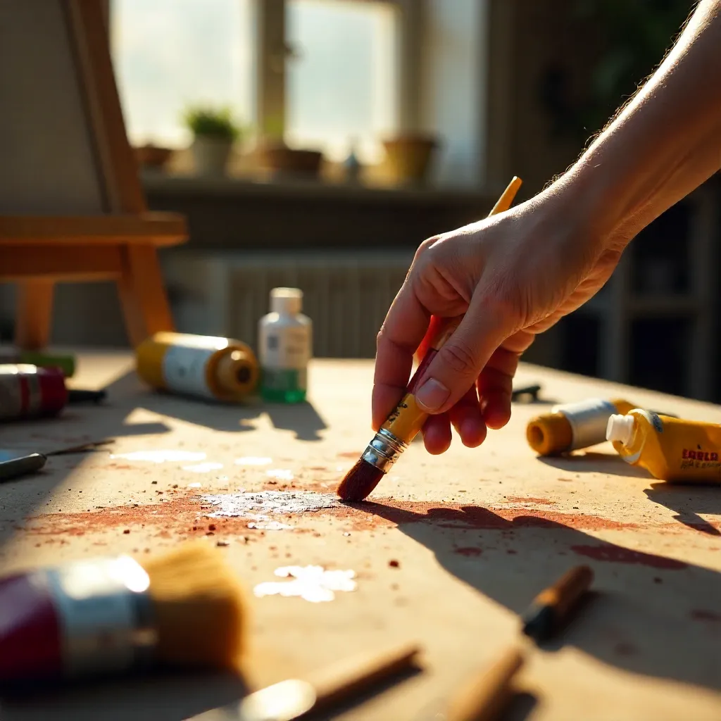 Hand Reaching for a Paint Tube in a Quiet Art Studio