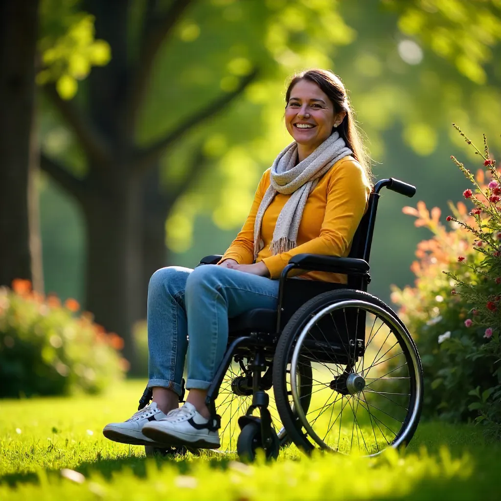 Smiling Woman in a Wheelchair Among Lush Greenery