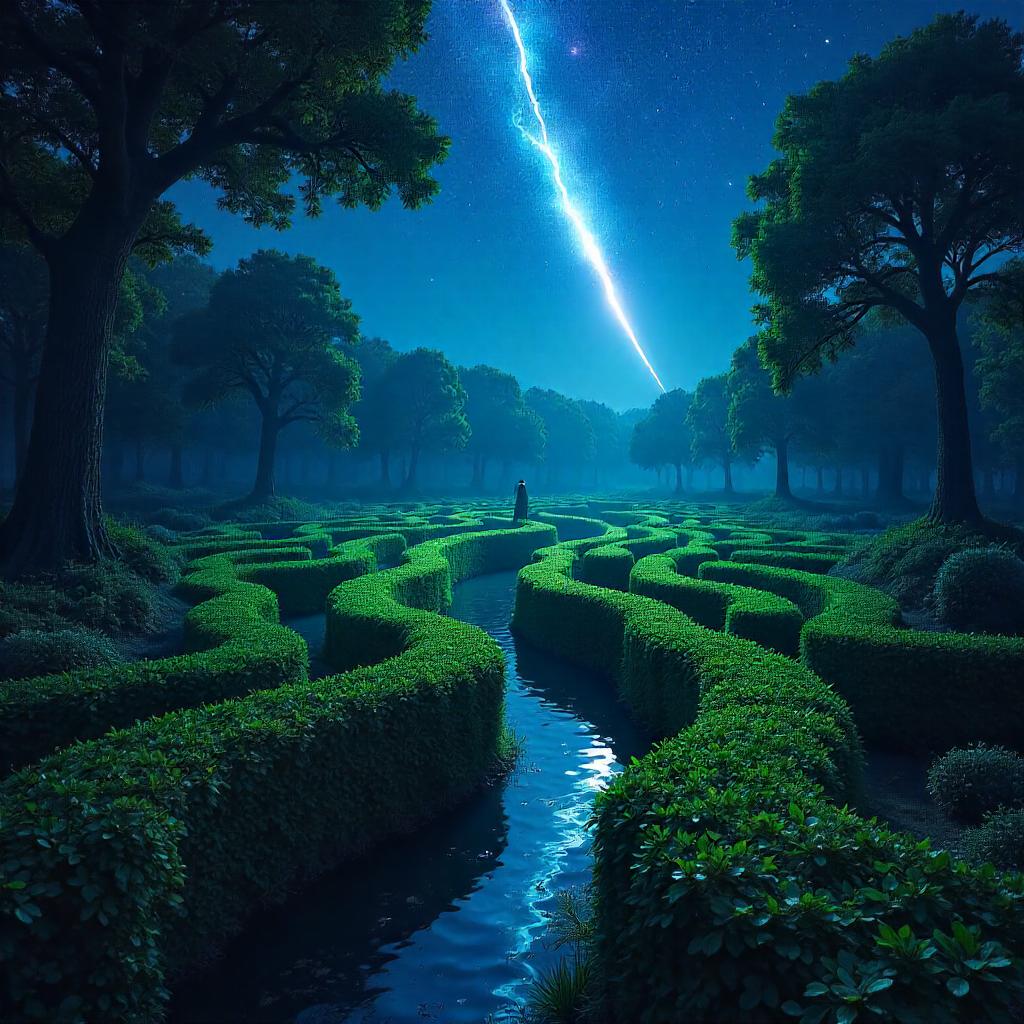 Comet over a Hedge Maze in Neon Digital Art