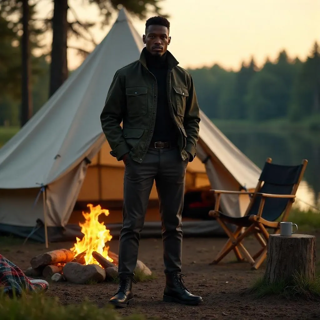 Elegant Black Man at a Tranquil Camp Site