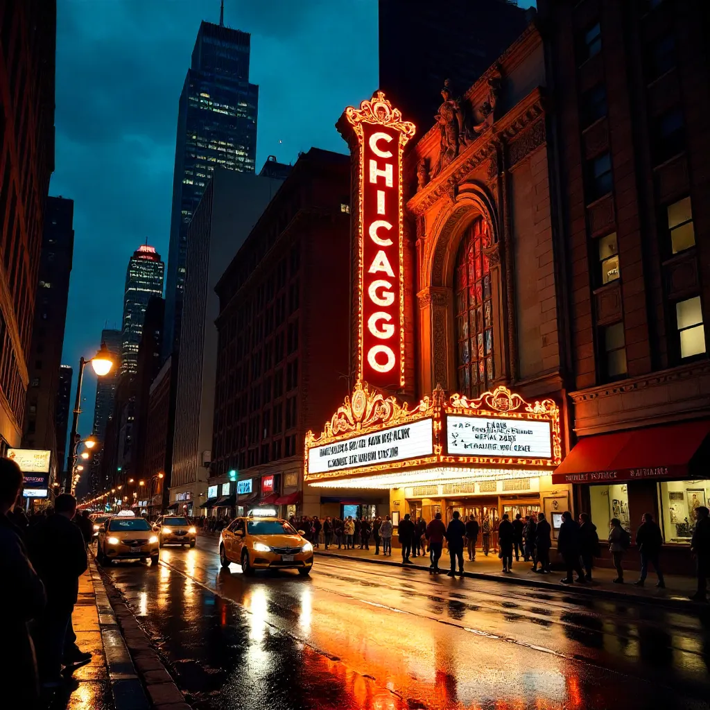 Iconic Chicago Theatre at Night on a Bustling Street