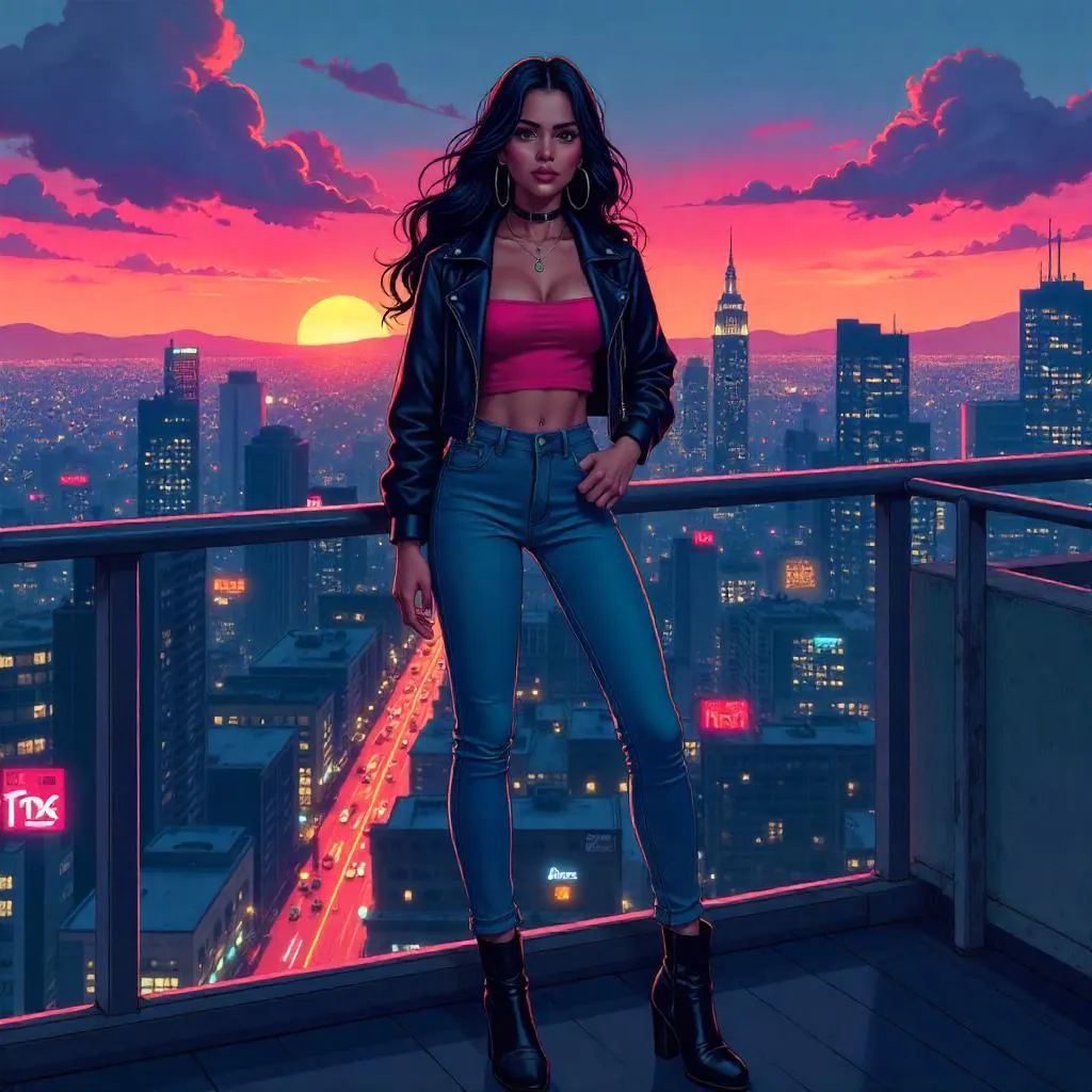 Stylish Latina Woman on a Neon Rooftop - Anime Vogue