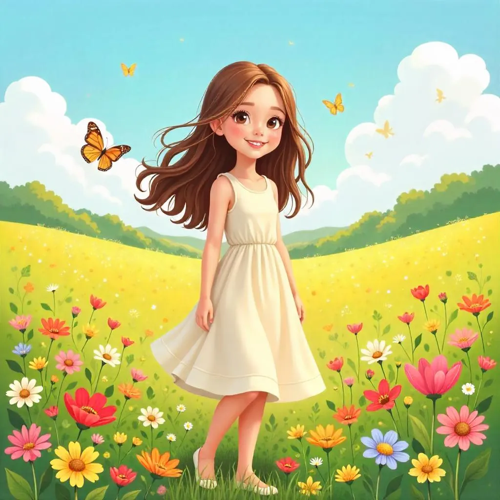 Whimsical Cartoon Field of Flowers with a Caucasian Woman
