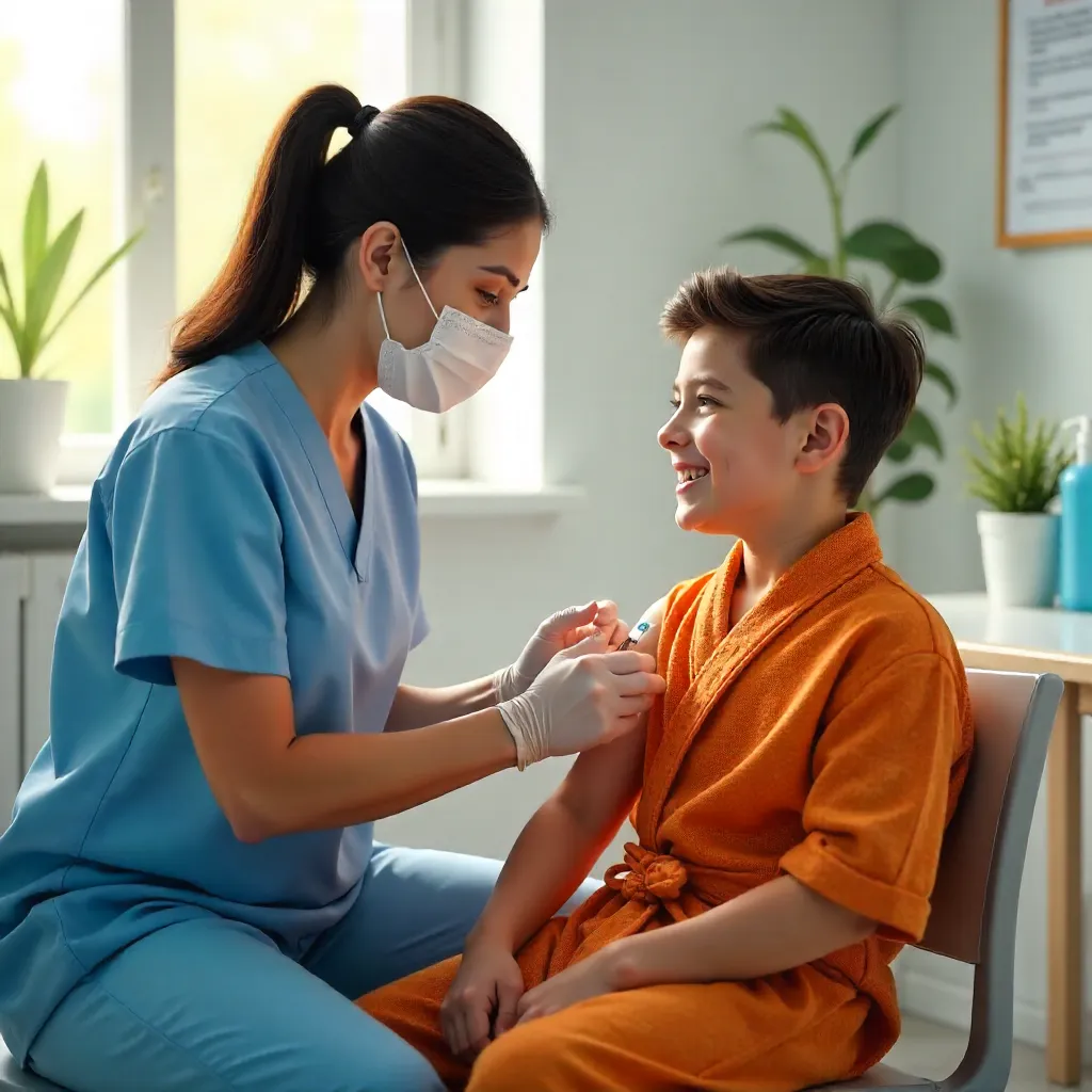 Indoor Vaccination Moment: Boy in Orange Robe