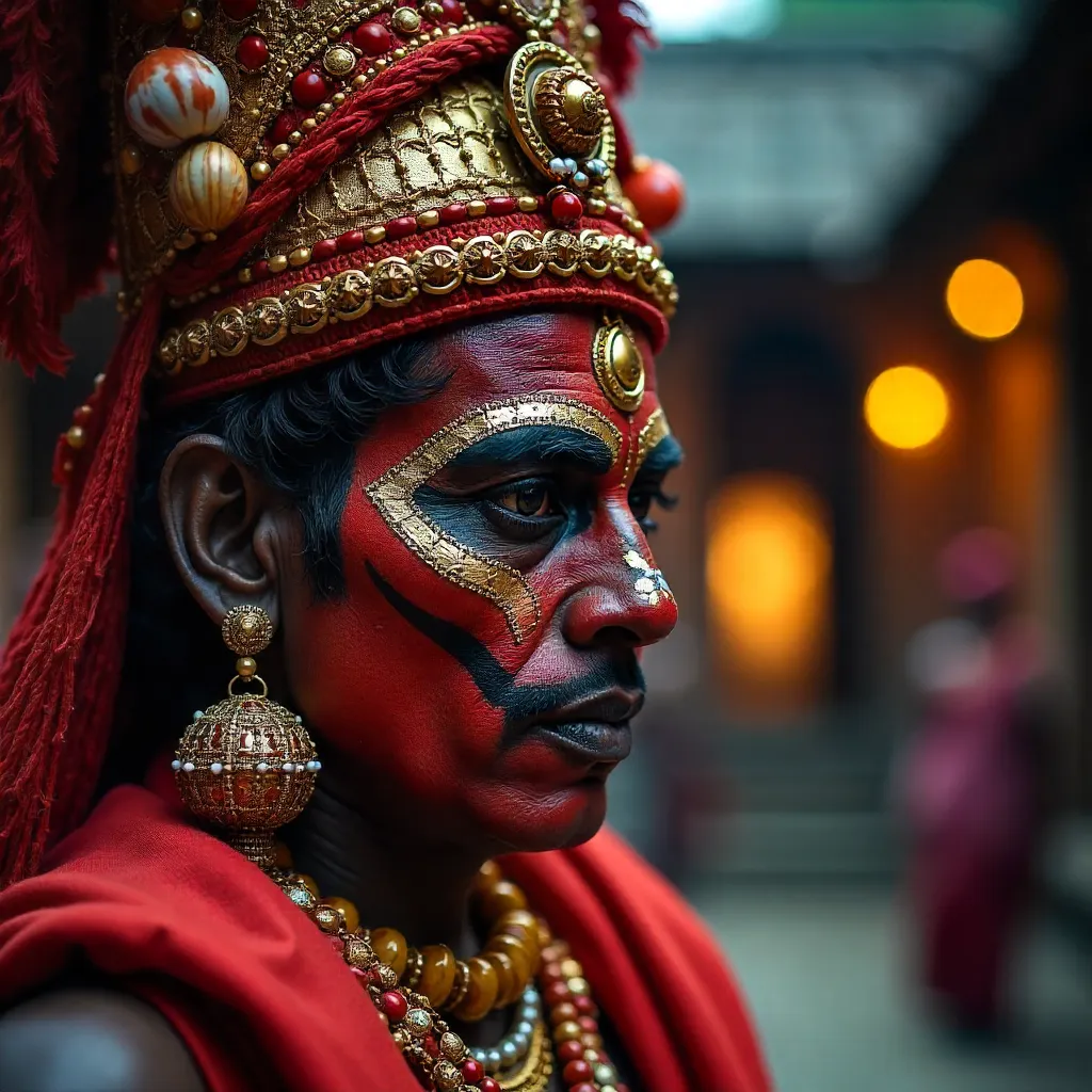 Close-Up of Theyyam Performer in Red Regalia, Kerala