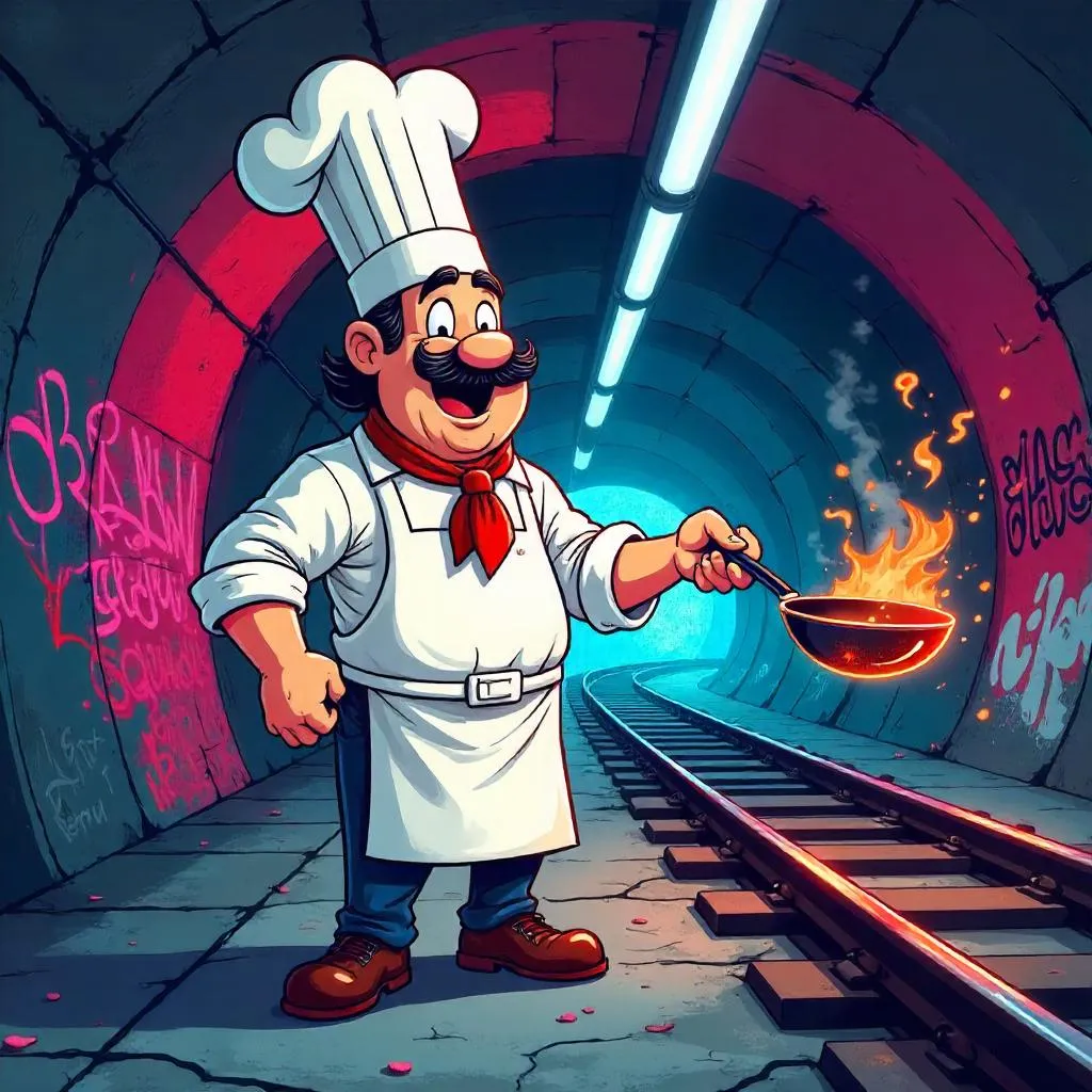Cartoon Chef in a Neon Subway Tunnel