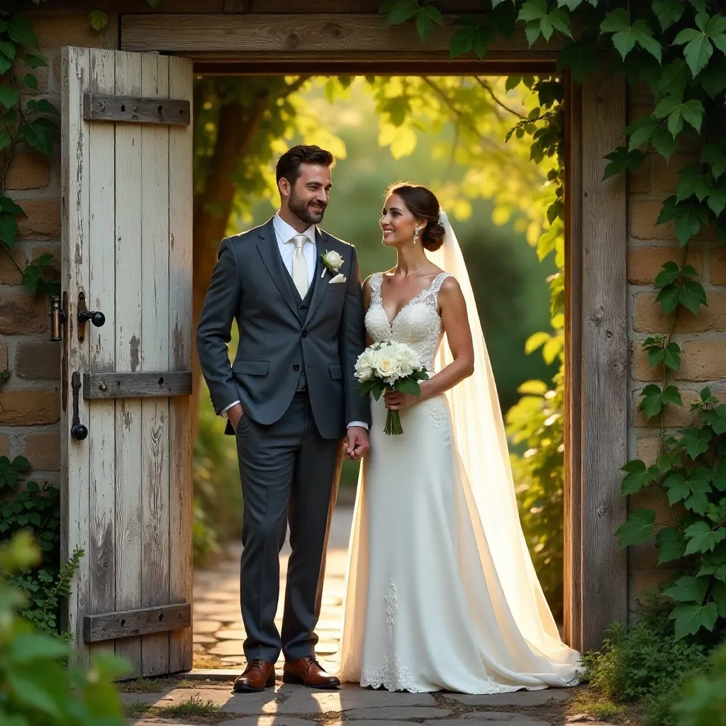 Charming Couple at a Rustic Wooden Doorway